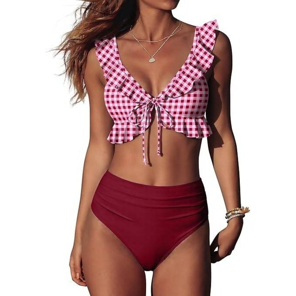 Anrabess Gingham Ruffle Bikini High Waisted Two Piece Swimsuit Red Large NEW‎
